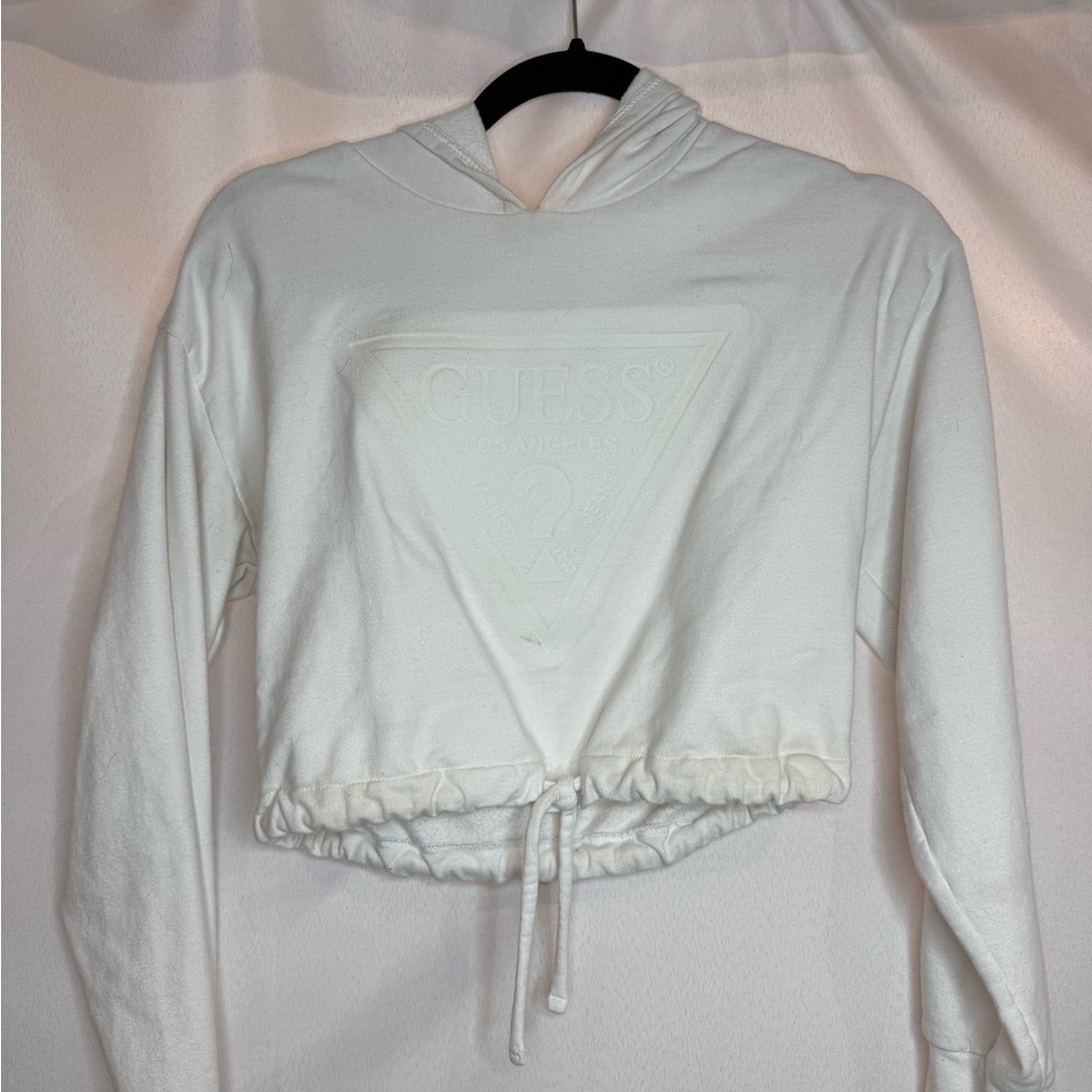 Guess Cream Long Sleeve Cropped Tie Front Sweatshirt
